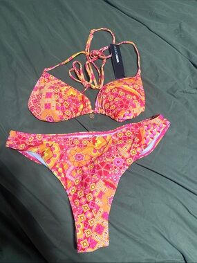 Fashion Nova Pink and Orange Floral Print Bikini